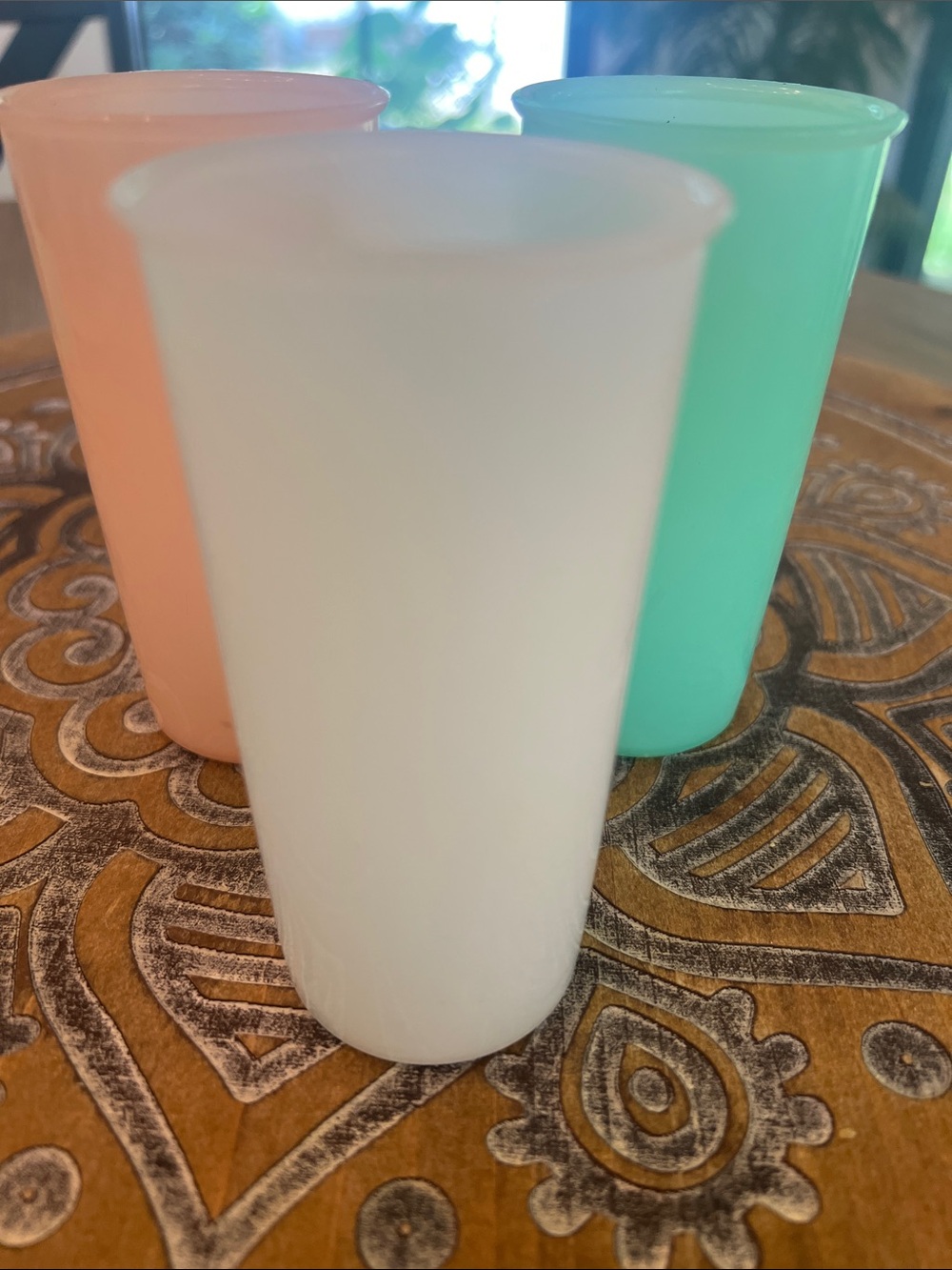 Set of 3 Tupperware mini tumblers, little lip. Orange, green white. 6oz each.